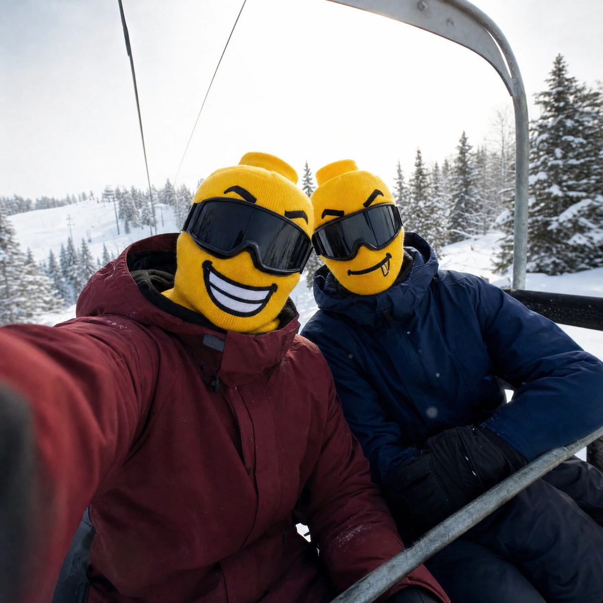 Two friends taking a chairlift selfie in Balakoo ski masks