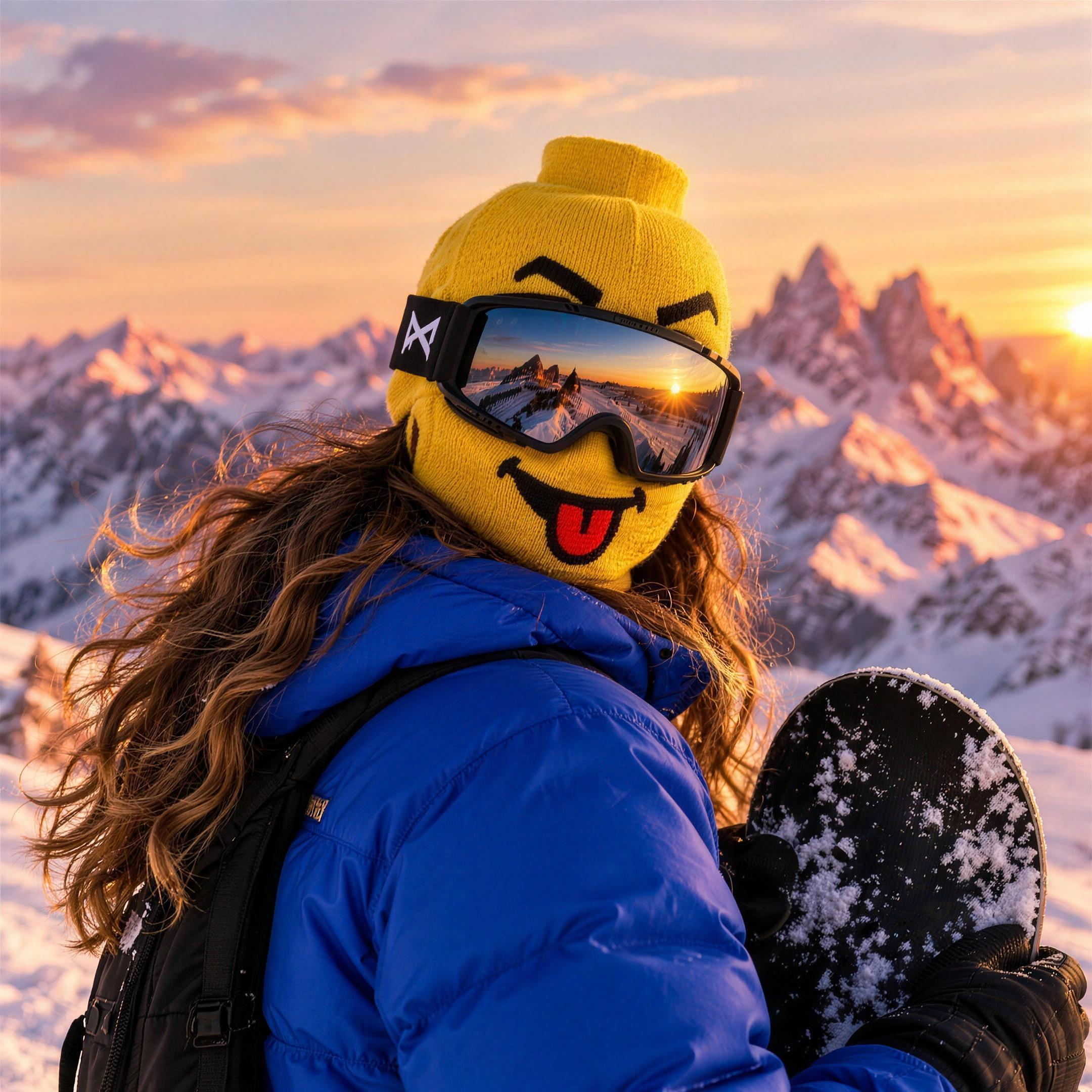 Snowboarder wearing the Cheeky Balakoo ski mask on a mountain ridge at sunset