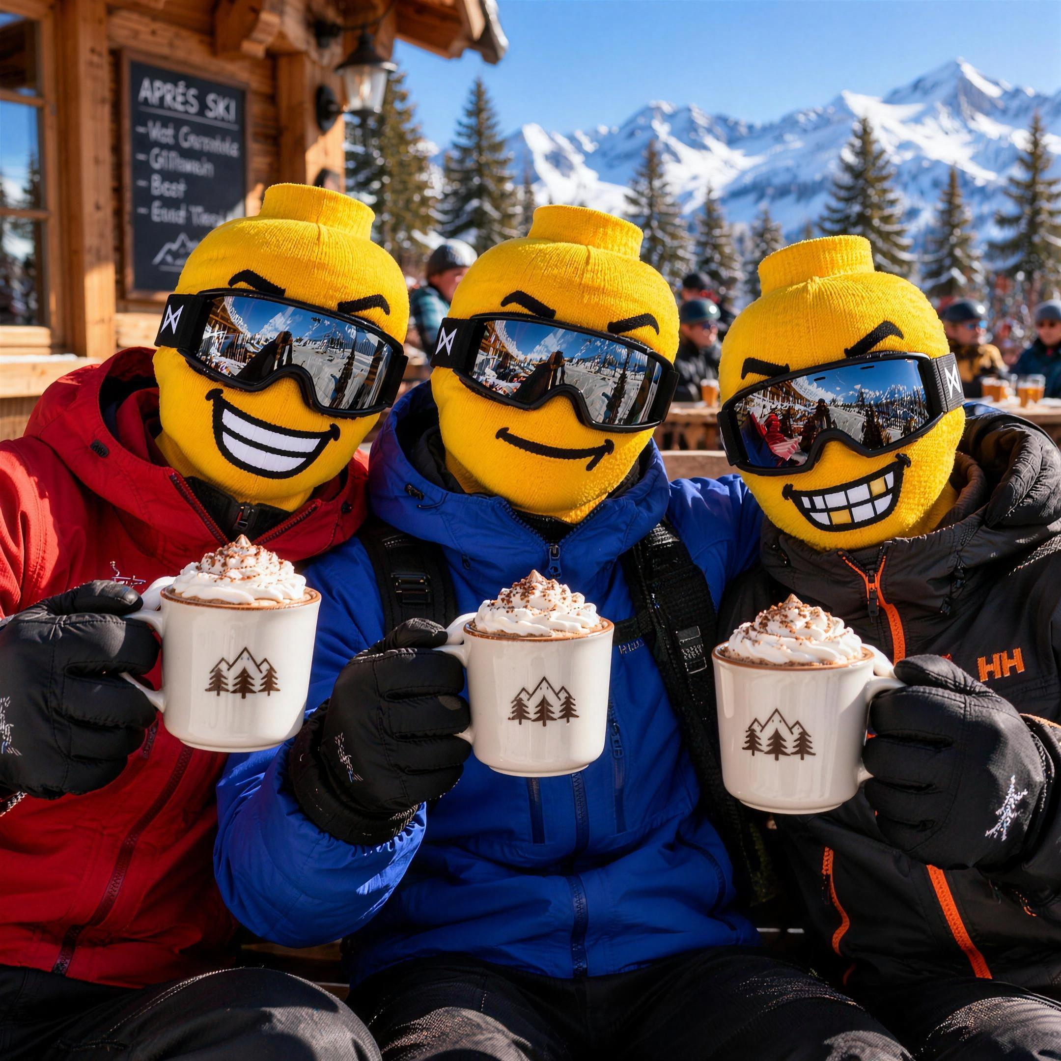 Three friends in Balakoo ski masks toasting hot chocolate at an apres-ski terrace