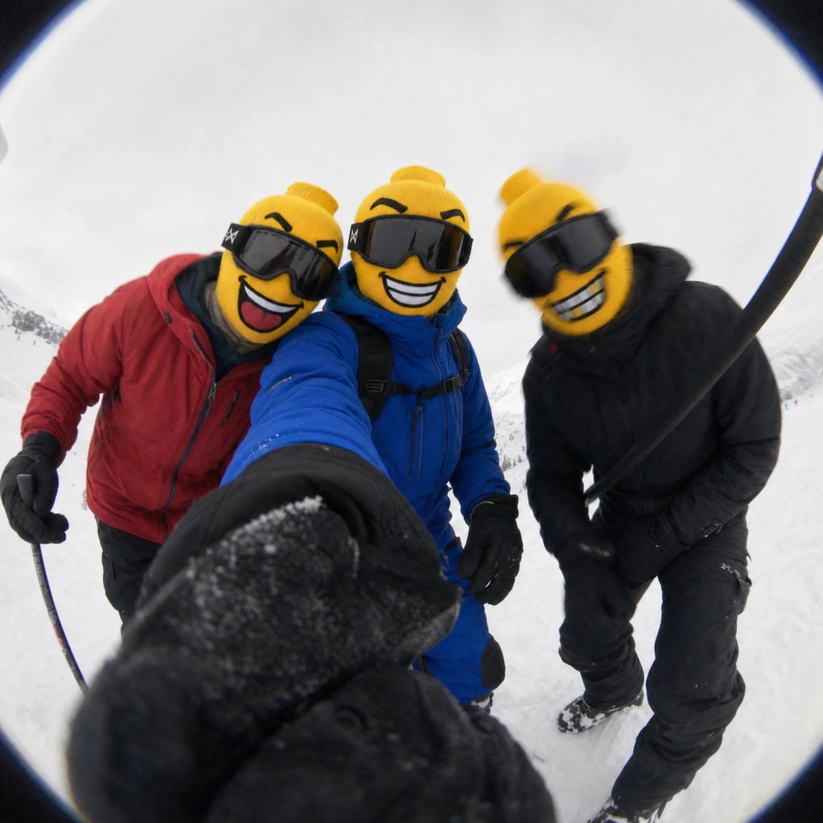 Fisheye group selfie in Balakoo ski masks