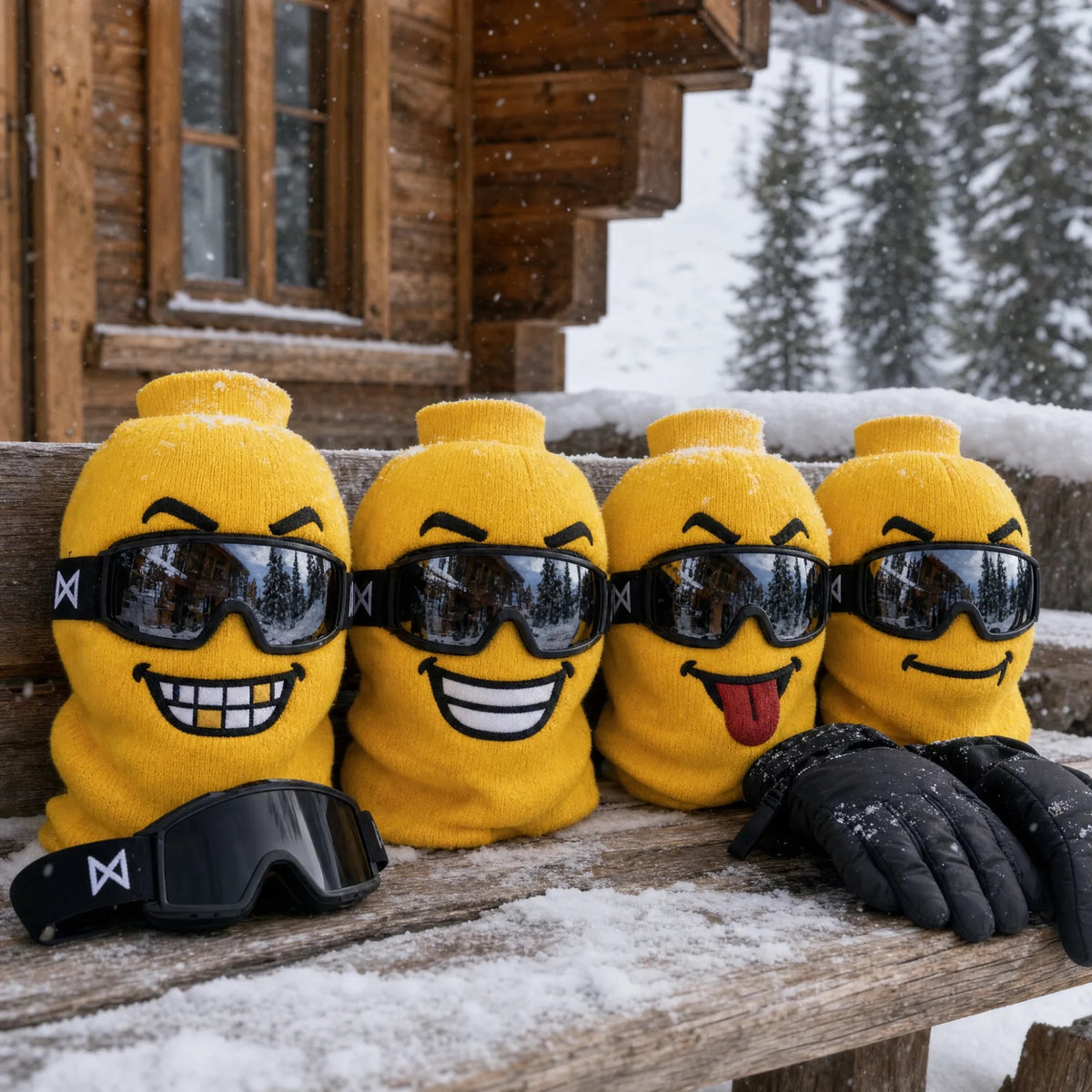 The four Balakoo faces on a snowy chalet bench