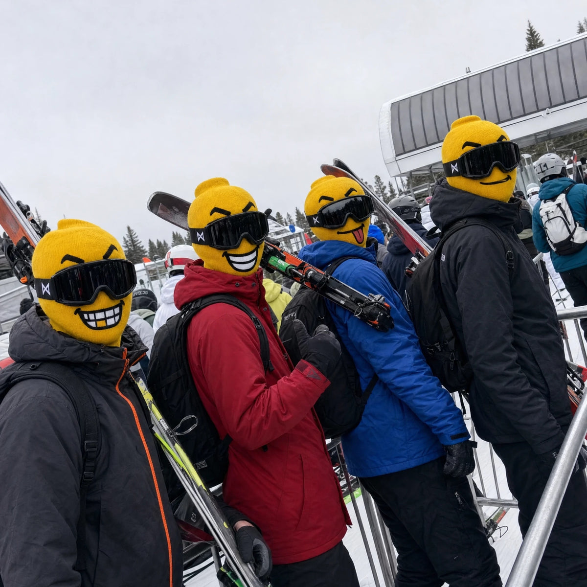 Four friends in Balakoo ski masks waiting in the lift line